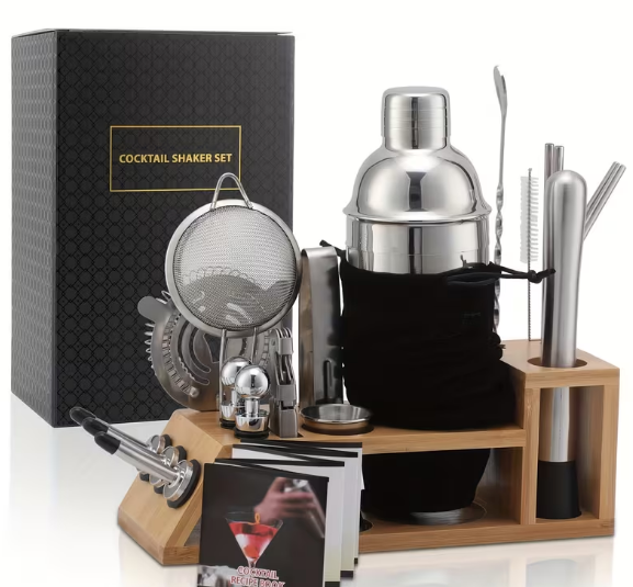 Cocktail Bartender Set 21 pcs - Stainless Steel w/ Wooden Base