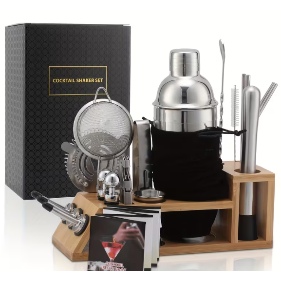 Cocktail Bartender Set 21 pcs - Stainless Steel w/ Wooden Base