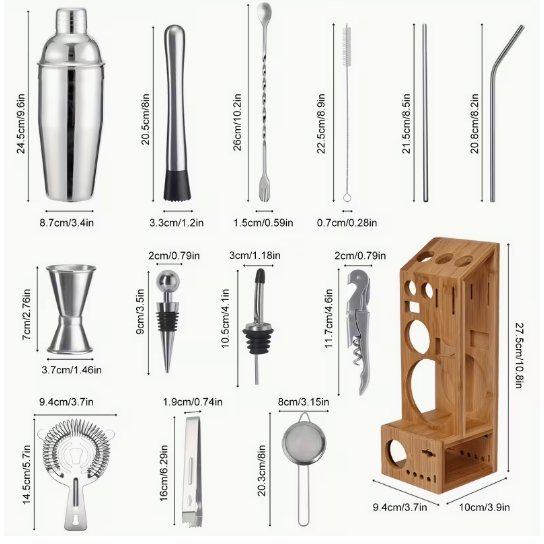 Cocktail Bartender Set 21 pcs - Stainless Steel w/ Wooden Base