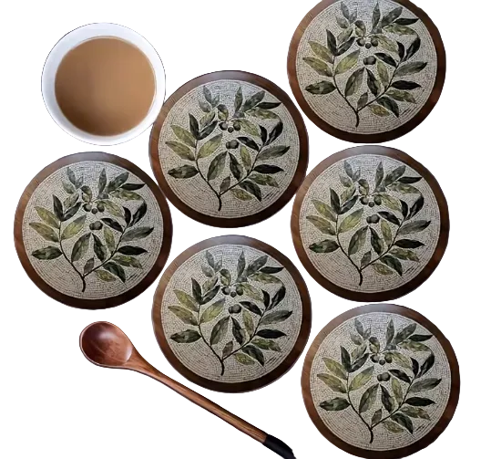 Wooden Coasters - 6pcs Printed Olive Branch Mosaic