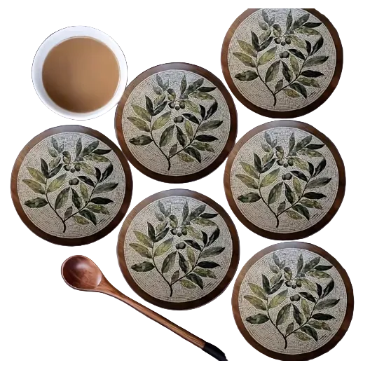 Wooden Coasters - 6pcs Printed Olive Branch Mosaic