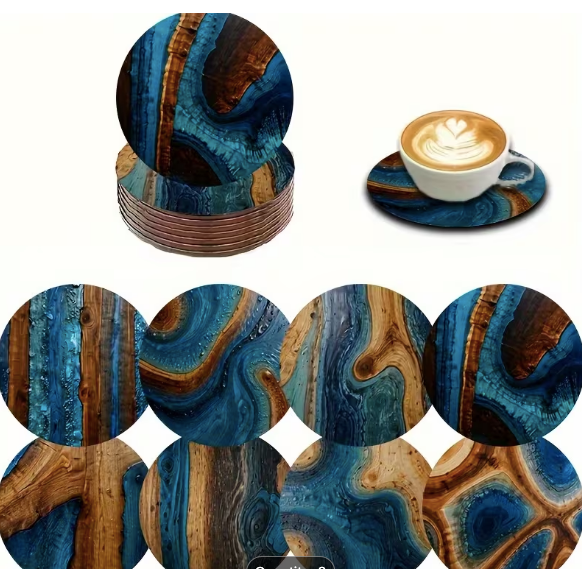 Coasters - 8pcs Turquoise Blue Brown Wood Coaster