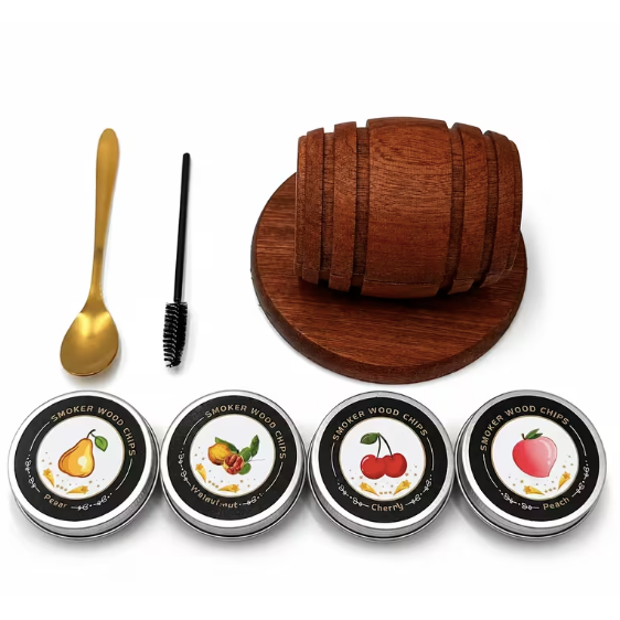 Barrel Shaped Wooden Smoker Kit with 4 Flavor Wood Chips