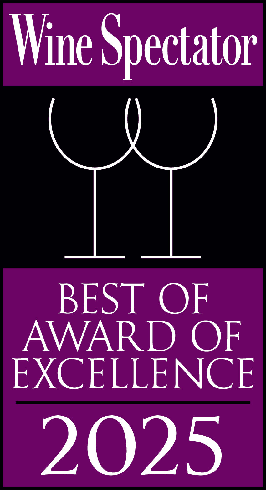 Wine Spectator Best of Award of Excellence 2025 logo with two wine glasses on a purple and black background.