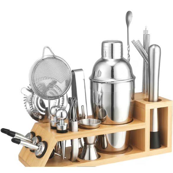 Cocktail Bartender Set 12 pcs - Stainless Steel w/ Wooden Base