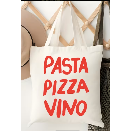 White Canvas Tote Bag "Pasta Pizza Vino"