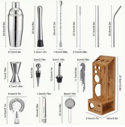 Cocktail Bartender Set 21 pcs - Stainless Steel w/ Wooden Base