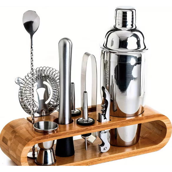 Cocktail Bartender Set 10pcs - Stainless Steel w/ Wooden Base