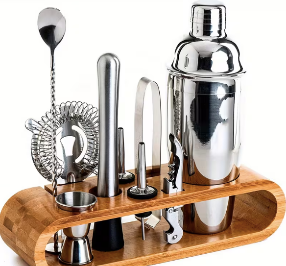 Cocktail Bartender Set 10pcs - Stainless Steel w/ Wooden Base