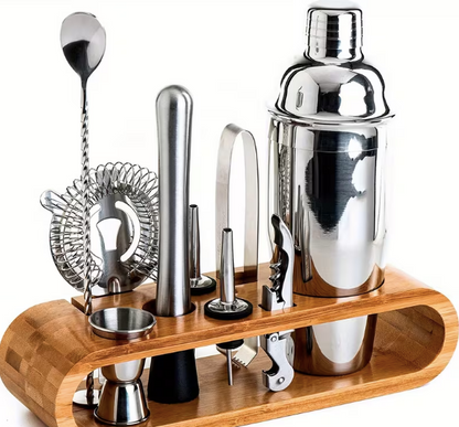 Cocktail Bartender Set 10pcs - Stainless Steel w/ Wooden Base