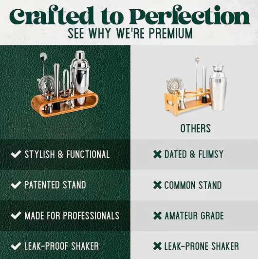 Cocktail Bartender Set 10pcs - Stainless Steel w/ Wooden Base