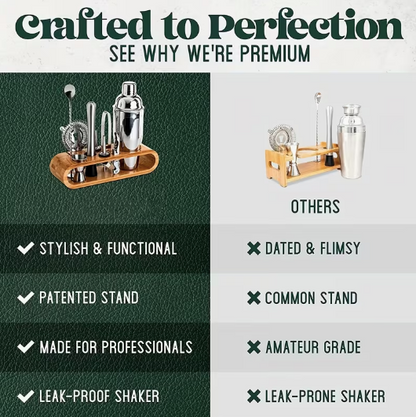 Cocktail Bartender Set 10pcs - Stainless Steel w/ Wooden Base