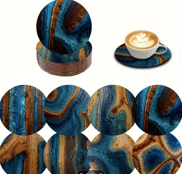 Coasters - 8pcs Turquoise Blue Brown Wood Coaster