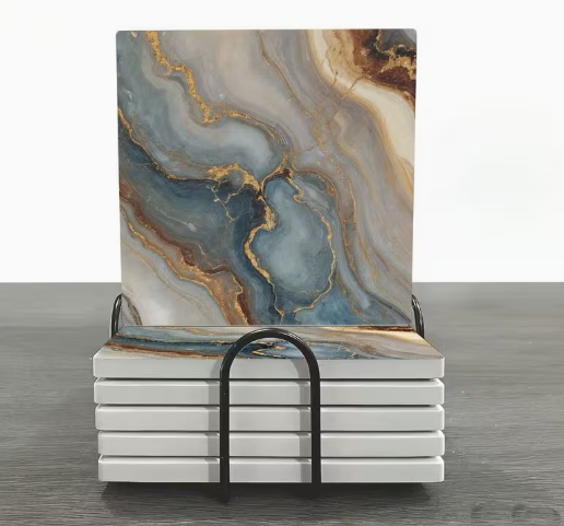 Coasters - 4pcs Marble Coaster Set with Metal Holder