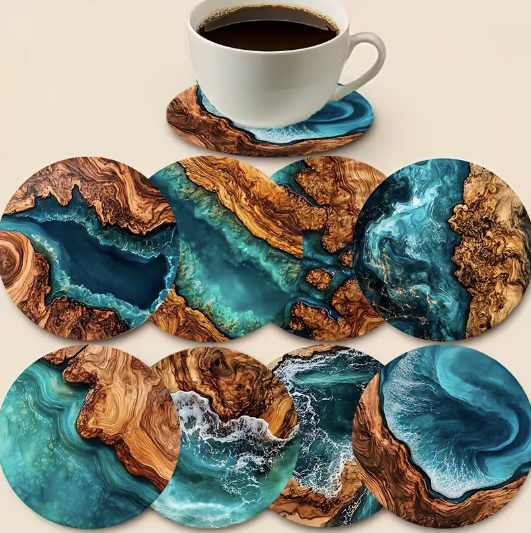 Coasters - 8pcs Faux Blue-Green Epoxy Resin Wood Grain Pattern