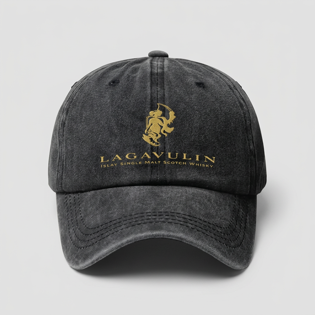dark gray washed cotton baseball cap featuring a gold embroidered LAGAVULIN logo 