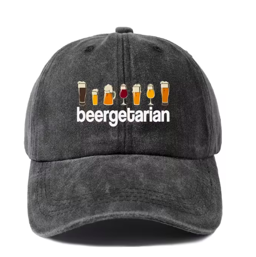 A dark grey washed baseball cap featuring a graphic of various beer glasses above the word 'beergetarian'