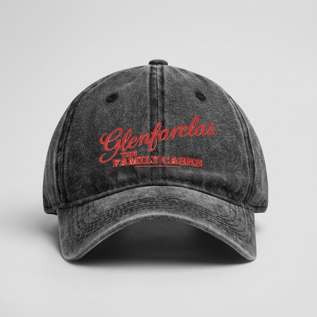 A dark gray baseball cap with red text reading 'Glenfarclas Family Casks' on the front