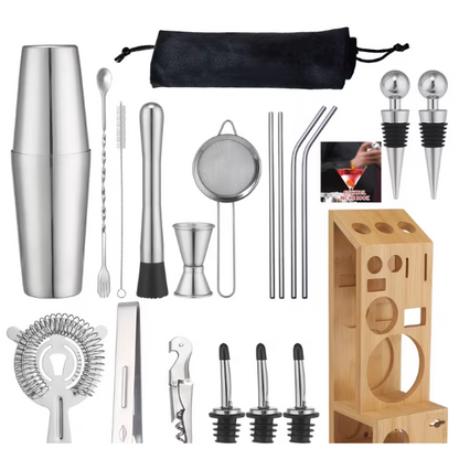 Cocktail Bartender Set 12 pcs - Stainless Steel w/ Wooden Base